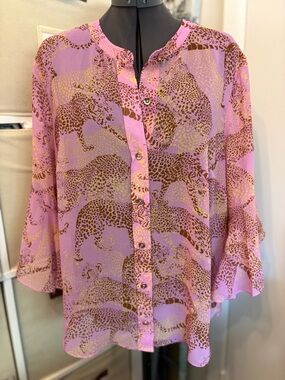 Cabi Pink Leopard-Print Button Down Blouse. Large
